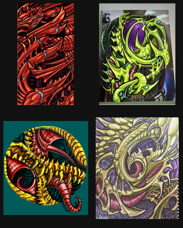 Original purple and gold biomechanical drawing by Aaron Sangenitto